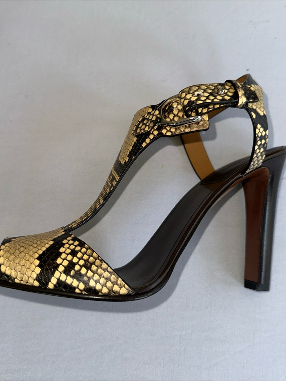 NWT Ralph Lauren Collection Snake-Print T-Strap Heel Sandals in Tan & Black 39.5